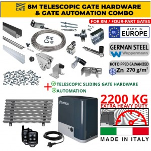 8m Complete Telescopic Sliding Gate Hardware for Four-Part Driveway Sliding Gate and Gate Automation Combo | Extra Heavy Duty Italian Made Sliding Gate Automation with FORTECO 2200KG Capacity 240V AC Powered Strong Sliding Gate Motor and 8m Complete Telescopic Sliding Gate Installation Kit for Four-Part Driveway, Hot Dip Galvanized German Steel Sliding Gate Telescopic Hardware Set Made in Europe by CAIS [SHORTBACK QUA 8.0]