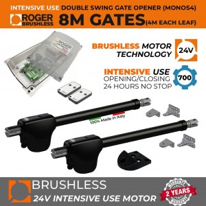 24V Brushless Double Swing Gate Opener Kit |100% Italian Made by Roger Technology MONOS4 for Swing Gate Automation System. Super Intensive Use Brushless Engine with Telescopic Arm | Max. 8m Opening (4M or 450KG Each Leaf) | 100% Duty Cycle