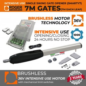 7M / 1400KG Super Intensive Use Brushless 36V Single Swing Gate Opener Kit|100% Italian Made by Roger Technology SMARTY7 for Gate Automation System. 100% Duty Cycle Brushless Engine With Mechanical Stopper in Opening and Closing Limits | Max. 7M / 1400KG Gate Leaf