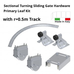 Turning Around The Corner Multi-Panels Sliding Gate Hardware Primiry Leaf Kit with Sliding Gate Ground Track Curve R=0.5m. The Corner Sectional Sliding Gate Hardware includes Gate Wheels, Limit Stops for Gate Opening and Closing Position, an Adjustable Upper Guide Plate With 4 Rollers and Curved Ground Track