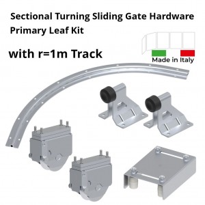 Turning Around The Corner Multi-Panels Sliding Gate Hardware Primiry Leaf Kit with Sliding Gate Ground Track Curve R=1m. The Corner Sectional Sliding Gate Hardware includes Gate Wheels, Limit Stops for Gate Opening and Closing Position, an Adjustable Upper Guide Plate With 4 Rollers and Curved Ground Track
