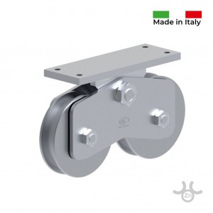 120mm Double U groove wheel with rocker arm and drilled fixing plate. Heavy Duty, Weight Capacity 900 KG Per Wheel, Italian Made Galvanized Steel Double Gate Wheel Sliding Gate Hardware