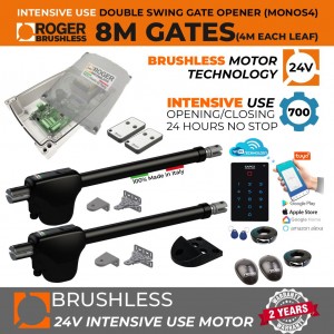 24V Super Intensive Use Brushless Double Swing Gate Opener WiFi Smart App Control Kit | Swing Gate Automation System with Secure WiFi Keypad. 100% Italian Made by Roger Technology MONOS4 Brushless Gate Motor with Telescopic Arm | Max. 8m Opening (4M or 450KG Each Leaf) | 100% Duty Cycle
