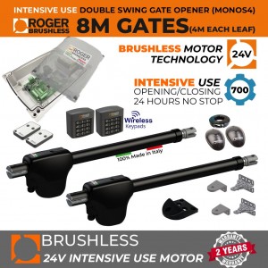 24V Super Intensive Use Brushless Double Swing Gate Opener Secure Access Control Kit | Swing Gate Automation System with Secure Dual Entry and Exit Wireless Keypads. 100% Italian Made by Roger Technology MONOS4 Brushless Gate Motor with Telescopic Arm | Max. 8m Opening (4M or 450KG Each Leaf) | 100% Duty Cycle