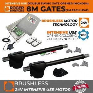 24V Brushless Double Swing Gate Opener Kit with Weatherproof External 24V Transformer with 20m Low Voltage Cable |100% Italian Made by Roger Technology MONOS4 for Swing Gate Automation System. Super Intensive Use Brushless Engine with Telescopic Arm | Max. 8m Opening (4M or 450KG Each Leaf) | 100% Duty Cycle