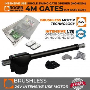 24V Brushless Sigle Swing Gate Opener Kit |100% Italian Made by Roger Technology MONOS4 for Swing Gate Automation System. Super Intensive Use Brushless Engine with Telescopic Arm | Max. 4m/450kg Opening Driveway Gate Leaf | 100% Duty Cycle