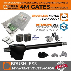24V Brushless Sigle Swing Gate Opener Super Secure Kit With Safety Sensor, Two Wireless Keypads for Entry and Exit Secure Access Control |100% Italian Made by Roger Technology MONOS4 for Swing Gate Automation System. Super Intensive Use Brushless Engine with Telescopic Arm | Max. 4m/450kg Opening Driveway Gate Leaf | 100% Duty Cycle