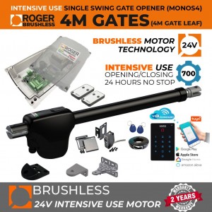 24V Brushless Sigle Swing Gate Opener Smart WiFi Kit With Safety Sensor, WiFi Keypad for Smart Device APP Access Control |100% Italian Made by Roger Technology MONOS4 for Swing Gate Automation System. Super Intensive Use Brushless Engine with Telescopic Arm | Max. 4m/450kg Opening Driveway Gate Leaf | 100% Duty Cycle