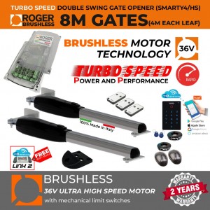 Italian-Made Roger Technology 36V Brushless Ultra High-Speed Swing Gate Opener WIFI Kit, 8m Opening (4M or 400KG Each Leaf), High Torque, Super Intensive Use Brushless Gate Automation
