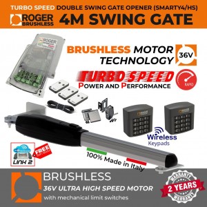 Brushless 36V Turbo-Speed Single Swing Gate Opener Kit | 100% Italian Made by Roger Technology SMARTY4/HS Brushless Swing Gate Motor for Max. 4M or 400KG Gate Leaf. Ultra High-Speed, 100% Duty Cycle, High Torque, Mechanical Stopper in Opening and Closing Limits, Remote Controls, Reflective Safety Sensor, Two Wireless Keypads. APC Single Swing Gate Automation, Super Secure Access Controls System.