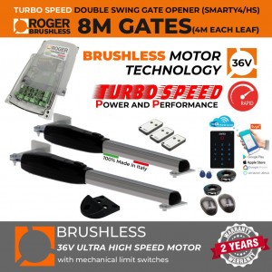 Italian-Made Roger Technology 36V Brushless Ultra High-Speed Swing Gate Opener WIFI Kit, 8m Opening (4M or 400KG Each Leaf), High Torque, Super Intensive Use Brushless Gate Automation