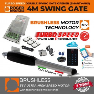 Brushless 36V Turbo-Speed Single Swing Gate Opener Smart Wi-Fi Kit | 100% Italian Made by Roger Technology SMARTY4/HS Brushless Swing Gate Motor for Max. 4M or 400KG Gate Leaf. Ultra High-Speed, 100% Duty Cycle, High Torque, Mechanical Stopper in Opening and Closing Limits Single Swing Gate Automation System With Remote Controls, Reflective Safety Sensor, APC MONDO Wi-Fi Keypad Smart APP Access Control.