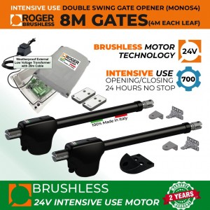 24V Brushless Double Swing Gate Opener Kit with Weatherproof External 24V Transformer with 20m Low Voltage Cable |100% Italian Made by Roger Technology MONOS4 for Swing Gate Automation System. Super Intensive Use Brushless Engine with Telescopic Arm | Max. 8m Opening (4M or 450KG Each Leaf) | 100% Duty Cycle