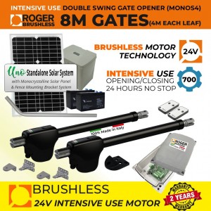 24V Solar Powered Brushless Double Swing Gate Opener Kit with APC UNO Standalone Complete Solar Power System |100% Italian Made by Roger Technology MONOS4 for Swing Gate Automation System. Super Intensive Use Brushless Engine with Telescopic Arm | Max. 8m Opening (4M or 450KG Each Leaf) | 100% Duty Cycle