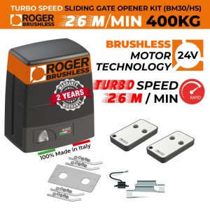 Replacement Sliding Gate Brushless Motor Turbo Speed (26m/min) / 400kg. BRUSHLESS Sliding Gate Opener Replacement Motor Kit|100% Italian Made by Roger Technology BM30 HS Sliding Gate Automation Remote Control System. High Torque, 100% Duty Cycle 400kg Brushless Electric Gate Opener Motor With Magnetic Limits