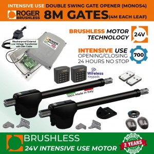 24V Brushless Double Swing Gate Opener Secure Access Control Kit with Secure Dual Entry and Exit Wireless Keypads and Weatherproof External 24V Transformer (20m Low Voltage Cable) |100% Italian Made by Roger Technology MONOS4 for Swing Gate Automation System. Super Intensive Use Brushless Engine with Telescopic Arm | Max. 8m Opening (4M or 450KG Each Leaf) | 100% Duty Cycle