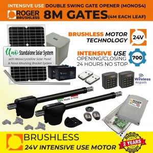 24V Solar Powered Brushless Double Swing Gate Opener Secure Access Control Kit with Secure Dual Entry and Exit Wireless Keypads and APC UNO Standalone Complete Solar Power System |100% Italian Made by Roger Technology MONOS4 for Swing Gate Automation System. Super Intensive Use Brushless Engine with Telescopic Arm | Max. 8m Opening (4M or 450KG Each Leaf) | 100% Duty Cycle