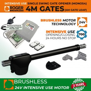 24V Brushless Sigle Swing Gate Opener with Weatherproof External 24V Transformer and 20m Low Voltage Cable |100% Italian Made by Roger Technology MONOS4 for Swing Gate Automation System. Super Intensive Use Brushless Engine with Telescopic Arm | Max. 4m/450kg Opening Driveway Gate Leaf | 100% Duty Cycle