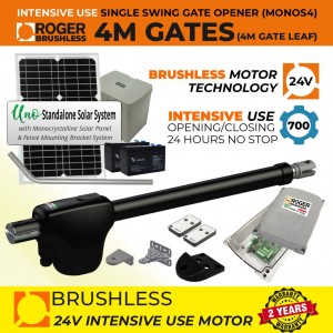 24V Solar Powered Brushless Single Swing Gate Opener Kit with APC UNO Standalone Complete Solar Power System |100% Italian Made by Roger Technology MONOS4 for Swing Gate Automation System. Super Intensive Use Brushless Engine with Telescopic Arm | Max. 4m/450kg Opening Driveway Gate Leaf | 100% Duty Cycle