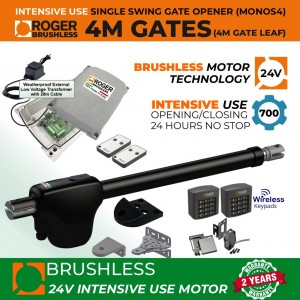 24V Brushless Sigle Swing Gate Opener Super Secure Low Voltage Kit With Safety Sensor, Two Wireless Keypads for Entry and Exit Secure Access Control and Weatherproof External 24V Transformer and 20m Low Voltage Cable |100% Italian Made by Roger Technology MONOS4 for Swing Gate Automation System. Super Intensive Use Brushless Engine with Telescopic Arm | Max. 4m/450kg Opening Driveway Gate Leaf | 100% Duty Cycle