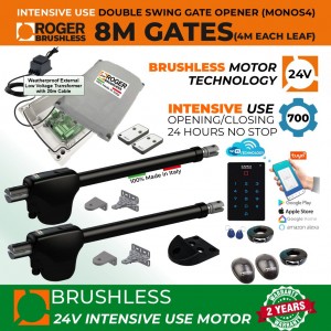 24V Brushless Double Swing Gate Opener WiFi Smart APP Access Control Kit with Secure WiFi Keypad and Weatherproof External 24V Transformer (20m Low Voltage Cable) |100% Italian Made by Roger Technology MONOS4 for Swing Gate Automation System. Super Intensive Use Brushless Engine with Telescopic Arm | Max. 8m Opening (4M or 450KG Each Leaf) | 100% Duty Cycle