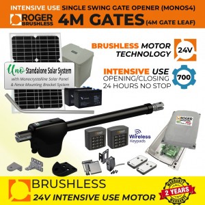 24V Solar Powered Brushless Single Swing Gate Opener Super Secure Kit with APC UNO Standalone Complete Solar Power System, Safety Sensor, Two Wireless Keypads for Entry and Exit Secure Access Control |100% Italian Made by Roger Technology MONOS4 for Swing Gate Automation System. Super Intensive Use Brushless Engine with Telescopic Arm | Max. 4m/450kg Opening Driveway Gate Leaf | 100% Duty Cycle