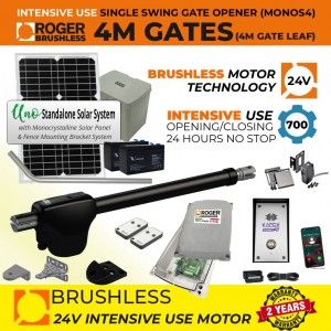 24V Solar Powered Brushless Single Swing Gate Opener GSM Intercom Access Control Kit with APC UNO Standalone Complete Solar Power System, Safety Sensor and 4G GSM Audio Intercom Doorbell Access Control |100% Italian Made by Roger Technology MONOS4 for Swing Gate Automation System. Super Intensive Use Brushless Engine with Telescopic Arm | Max. 4m/450kg Opening Driveway Gate Leaf | 100% Duty Cycle
