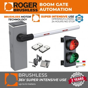 Boom Barrier Gate and Traffic Lights Secure Access Control Kit | Super Intensive Use (up to 6 meters) Boom Gate Operator - Bionik Brushless 36V Boom Arm Barrier Gate(100% Italian Made by Roger Technology) with Safety Sensor and Double (Red/Green) Traffic Signal LED Lights (Made in Italy by Stagnoli) | Highest Quality Automatic Boom Barrier Gate Traffic Control System with Traffic Lights Signal