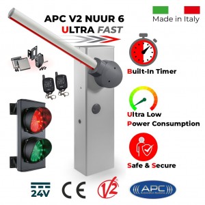 Boom Gate Barrier with Traffic Lights Secure Access Control Kit | Universal Boom Gate Ultra High-Speed 24V DC, 6 Meter Boom Barrier / Boom Gate / Parking Barrier, Car Parking Access Control APC V2 NUUR 6 (Made in Italy), Double (Red/Green) Traffic Signal LED Lights (Made in Italy by Stagnoli), Two Remote Controls and Retro Reflective Safety Sensor