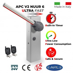 Boom Barrier / Boom Gate / Parking Barrier , Car Parking Access Control APC V2 NUUR 6, Universal Boom Gate Ultra High Speed 24V DC, 6 Meter Barrier Made in Italy, Two Key Chain Remote Control