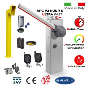 6 Meter Barrier Gate, Universal Boom Gate Ultra High-Speed 24V DC, Made in Italy, Boom Barrier / Boom Gate / Parking Barrier, Car Parking Access Control APC V2 NUUR 6, Remote Controles, Induction Loop, Gooseneck Pedestal, Keypad with EM Card Reader and Retro Reflective Safety Sensor