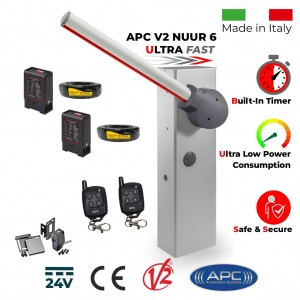 Ultra Fast Italian Made Universal Boom Gate 24V DC, Boom Barrier / Boom Gate / Parking Barrier, Car Parking Access Control APC V2 NUUR 6, Remote Controles, Induction Loop Detectors and Retro Reflective Safety Sensor