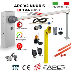 Boom Gate / Parking Barrier, Car Parking Secure Access Control APC V2 NUUR 6, Universal Boom Gate Ultra High-Speed 24V, 6 Meter Boom/Barrier Made in Italy, Remote Controls, Gate Safety Light and Antenna, 6m Red Protective Rubber, Vehicle Motion Detector, Gooseneck Pedestal, Keypad with EM Card Reader and Retro Reflective Safety Sensor