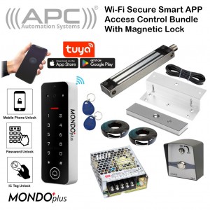 Wi-Fi Smart Access Control Bundle Door OR Gate Magnetic Lock Kit with APC Mondo Plus Airbnb Friendly Smart Wi-Fi Keypad (Remotely Manage Pin Code | Generate Temporary Pin Code | APP Control and Swipe Tag Reader) and Push Button Switch for Exit