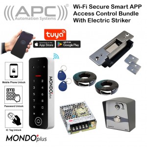 Wi-Fi Smart Entry Access Control Bundle Electric Striker Kit with APC Mondo Plus Airbnb Friendly Smart Wi-Fi Keypad (Remotely Manage Pin Code | Generate Temporary Pin Code | APP Control and Swipe Tag Reader) and Push Button Switch for Exit