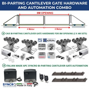 CAIS Bi-Parting Cantilever Gate Hardware For 8m Opening (2 x 4M Sets) Italian Made APC Syncro Automation Combo. Two 4M Hot Dip Galvanised German Steel Cantilever Sliding Gate Hardware Packages (Made in Europe by CAIS) and Bi-Parting Double Sliding Automation with Italian Made Heavy Duty Feature Rich 24V APC Proteous 500 Automatic Sliding Gate System, Remote Controls and Safety Sensor.