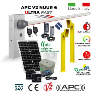 Solar Powered Off Grid Boom Barrier / Boom Gate / Parking Barrier, Car Parking Access Control APC V2 NUUR 6, Universal Boom Gate Ultra High-Speed 24V DC, 6 Meter Barrier Made in Italy, 60W Solar Panel, 17ah Dual Battery, Uno All in One Standalone Solar System, Remote Controls, Gooseneck Pedestals, Keypads with EM Card Reader