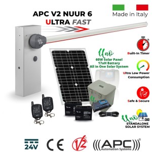 Solar Powered Off Grid Boom Barrier / Boom Gate / Parking Barrier, Car Parking Access Control Italian Made APC V2 NUUR 6, Universal Boom Gate Ultra High-Speed 24V DC, 6 Meter Barrier Made in Italy, 60W Solar Panel, 17ah Dual Battery, Uno All in One Standalone Solar System, Two Key Chain Remotes