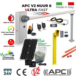 Solar Power Boom Gate / Parking Barrier, Car Parking Access Control APC V2 NUUR 6, Universal Boom Gate Ultra High-Speed 24V, Standalone Solar Off Grid 6 Meter Boom/Barrier Made in Italy, 60W Solar Panel, 17ah Dual Battery, Uno All in One Standalone Solar System, Remote Controls, Gate Safety Light and Antenna, Vehicle Motion Detector, Gooseneck Pedestal, Keypad with EM Card Reader