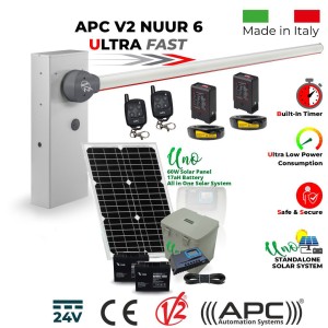 Solar Powered Off Grid Boom Barrier / Boom Gate / Parking Barrier, Car Parking Access Control APC V2 NUUR 6, Universal Boom Gate Ultra High-Speed 24V DC, 6 Meter Barrier Made in Italy, 60W Solar Panel, 17ah Dual Battery, Uno All in One Standalone Solar System, Remote Controls, Two Induction Loops for Entry & Exit