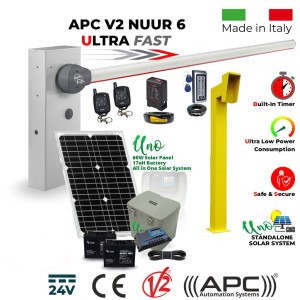 Solar Powered Off Grid Boom Barrier / Boom Gate / Parking Barrier, Car Parking Access Control APC V2 NUUR 6, Universal Boom Gate Ultra High-Speed 24V DC, 6 Meter Barrier Made in Italy, 60W Solar Panel, 17ah Dual Battery, Uno All in One Standalone Solar System, Remote Controls, Induction Loop, Gooseneck Pedestal, Keypad with EM Card Reader
