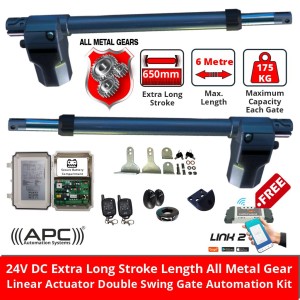 APC-T825L Double Swing Gate Opener Trade Kit. 24V DC Extra Long Stroke Length All Metal Gear Linear Actuator Electric Swing Gate Automation with Safety Sensor, Remote Controls and Free Link 2 WiFi Switch - DUAL Relay WiFi Remote Switch, Smart Access Control via IOS and Android Mobile APP