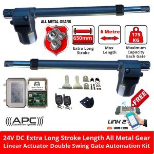 APC-T825L Double Swing Gate Opener. 24V DC Extra Long Stroke Length All Metal Gear Linear Actuator Electric Swing Gate Automation with Remote Controls and Free Link 2 WiFi Switch - DUAL Relay WiFi Remote Switch, Smart Access Control via IOS and Android Mobile APP