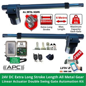 APC Double Swing Gate Automation Low Voltage Kit. 24V DC Extra Long Stroke Length All Metal Gear Linear Actuator Electric Swing Gate Automation with External 24V Transformer with 20m Low Voltage Cable, Remote Controls and Free Link 2 WiFi Switch - DUAL Relay WiFi Remote Switch, Smart Access Control via IOS and Android Mobile APP