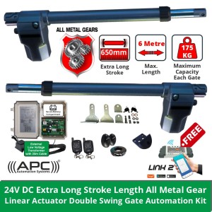 APC Double Swing Gate Automation Low Voltage Trade Kit. 24V DC Extra Long Stroke Length All Metal Gear Linear Actuator Electric Swing Gate Automation with External 24V Transformer with 20m Low Voltage Cable, Safety Sensor, Remote Controls and Free Link 2 WiFi Switch - DUAL Relay WiFi Remote Switch, Smart Access Control via IOS and Android Mobile APP