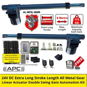 APC T825L Linear Actuators Double Swing Automatic Gate Solar Powered System. APC Gate Automation, Solar Power Automatic Gate Opener DIY Kit with 24V DC Extra Long Stroke Length All Metal Gear Linear Actuator Remote Control Solar Electric Gate.