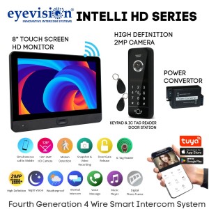 Eyevision® Intelli HD Series Smart WiFI Intercom System | 120° 2MP HD Intercom Camera Keypad (Swipe Tag Reader) Outdoor Station with 8" HD Monitor With with Power Convertor 16-28V AC/DC In to 12V DC Output| Includes Power Adapters, Swipe Tags, Fixing  Brackets | Easy 4 Wired Installation (Free Smartphone APP) | Fourth Generation 4 Wire Intercom Systems