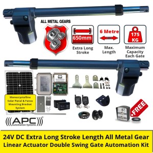 APC Double Swing Automatic Gate Solar Powered System with T825L 24V DC Extra Long Stroke Length All Metal Gear Linear Actuator. APC Gate Automation, Solar Power Automatic Gate Opener DIY Trade Kit with Remote Controls, Safety Sensor, Standalone Solar Power System.