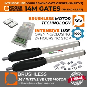14M Double Swing Gate Opener, Super Intensive Use Brushless 36V Gate Opener Kit| Super Duty 100% Italian Made by Roger Technology SMARTY7 for Gate Automation System. 100% Duty Cycle Brushless Engine With Mechanical Stopper in Opening and Closing Limits | Max. 14M (7M / 1400KG Each Gate Leaf)