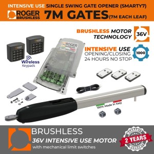 7M / 1400KG Super Intensive Use Brushless 36V Single Swing Gate Opener Kit|100% Italian Made by Roger Technology SMARTY7 for Gate Automation System. 100% Duty Cycle Brushless Engine With Mechanical Stopper in Opening and Closing Limits, Remote Controls, Two Wireless Keypads. APC Single Swing Gate Automation, Super Secure Access Controls System.